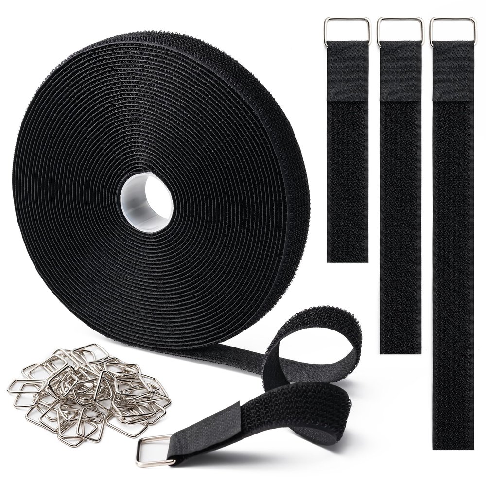 1" x16Ft Hook and Loop Straps with 25 Metal Buckles, Adjustable Fastening Cable Straps, Free Cut Length, Reusable Nylon Cable Ties for Organizer or Storage, Black