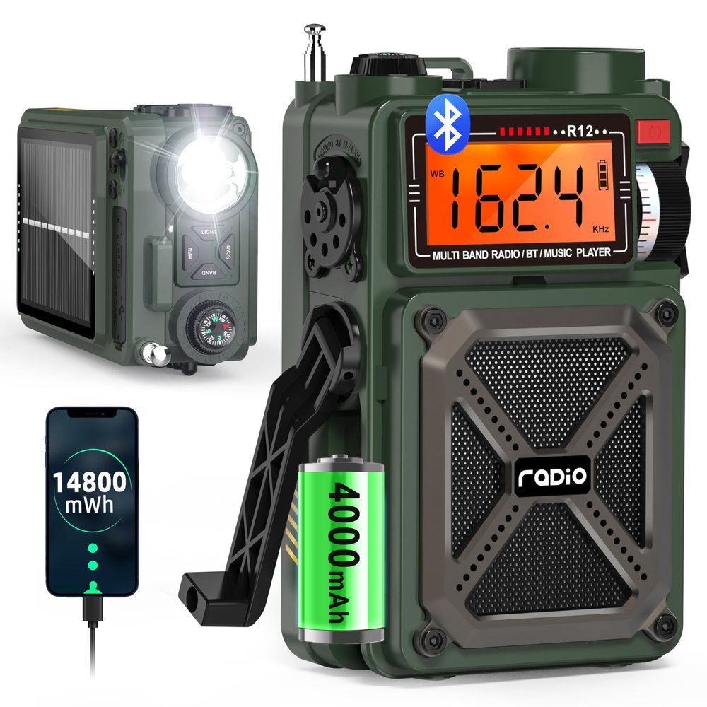 Greadio Portable Shortwave Radios with NOAA Weather Radio, 14800mWh Digital Radio AM FM with Bluetooth 5.4, Crank/Solar/USB Charging, Support USB/TF, Charger Pack/SOS/Flashlight for Outdoor, Emergency