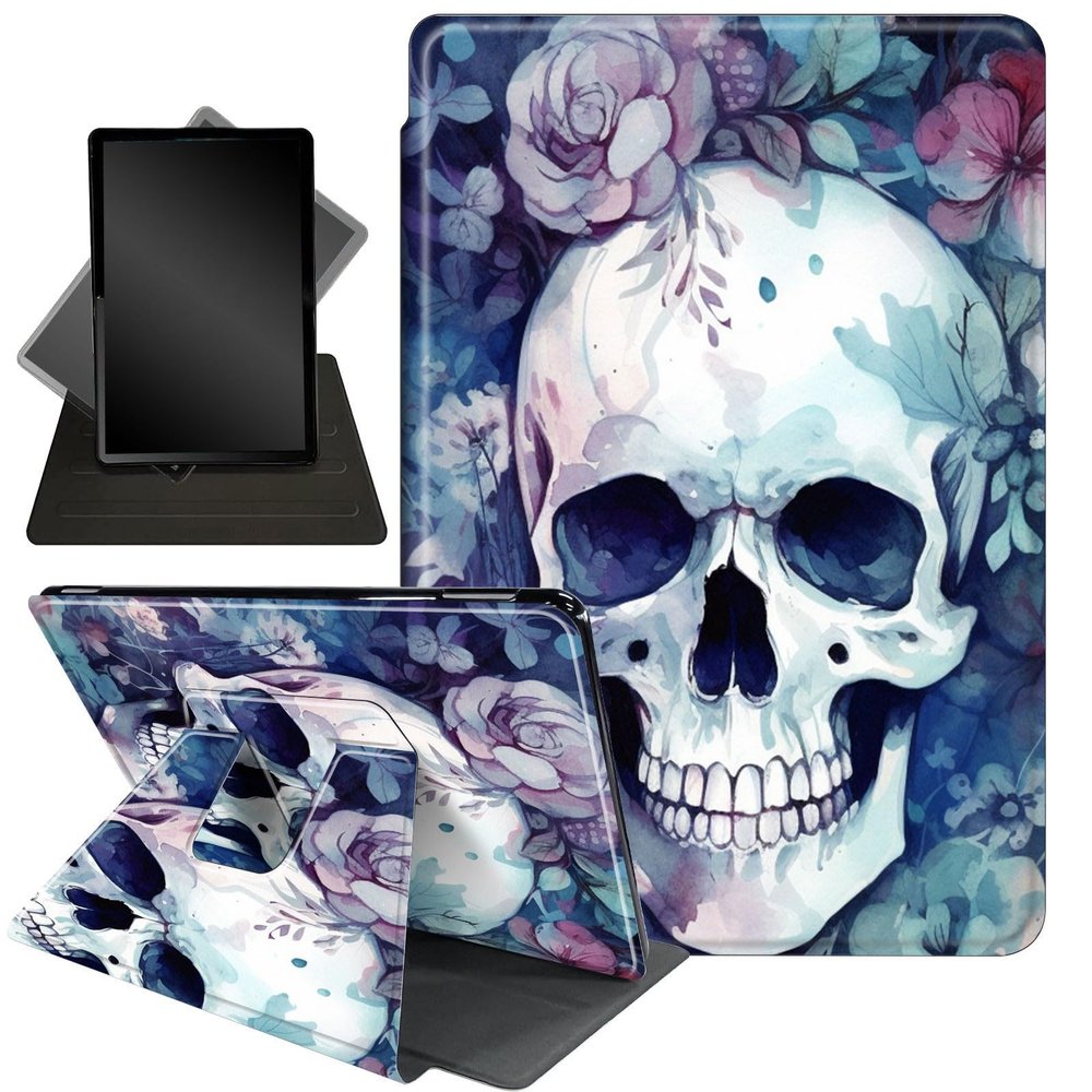 Case for 6.8" Kindle Paperwhite (11th Generation-2021) and Kindle Paperwhite Signature Edition,360 Degree Rotating Stand Smart Protective Case for Kindle Paperwhite 2021,Skull Pinks Flowers