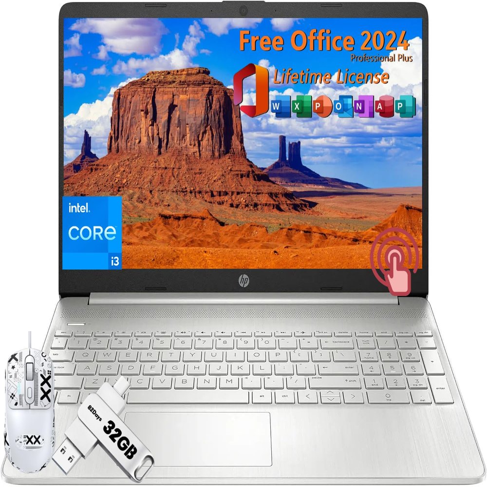 HP Newest Touchscreen Laptop for Business, 15.6" Student Laptop, Windows 11 Pro, Core i3-1215U CPU, 64 GB RAM, 1 TB SSD, Micro-Edge, Anti-Glare, MS Office Pro 2024 Lifetime License & Patented Mouse