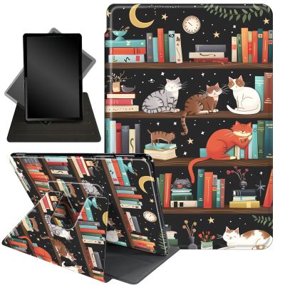 Case for 6.8" Kindle Paperwhite (11th Generation-2021) and Kindle Paperwhite Signature Edition,360 Degree Rotating Stand Smart Protective Case for Kindle Paperwhite 2021,Cat and Bookshelf 0
