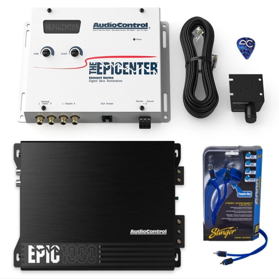 AudioControl EPICENTER Bass Bundle - EPICENTER Bass Restoration Processor (White) + EPIC1000 Monoblock 1000W Car Audio Subwoofer Amplifier + Stinger 2-Channel 3 FT 6000 Series RCA Interconnect Cable