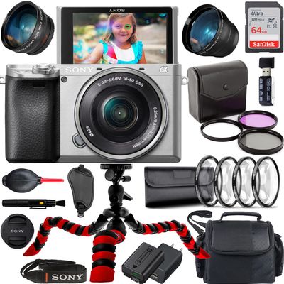 Sony a6400 Mirrorless 4K Video Camera with E PZ 16-50mm Lens (Silver) Bundle + Accessories (64Gb Memory Card, Wide Angle and Telephoto Lens, Spider Tripod, Gadget Bag and More) (Renewed)