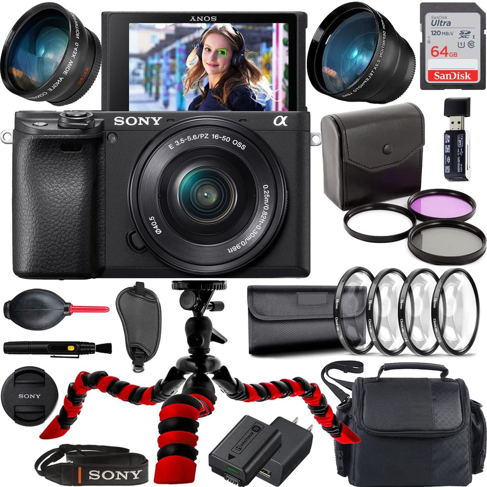 Sony a6400 Mirrorless 4K Video Camera with E PZ 16-50mm Lens (Black) Bundle + Accessories (64Gb Memory Card, Wide Angle and Telephoto Lens, Spider Tripod, Gadget Bag and More) (Renewed)