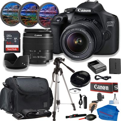 Canon Eos 2000D (Rebel T7) Bundle: Includes 18-55mm Zoom Lens, Tripod, 64GB Memory Card, Carry Case, and 3-Piece Filter Kit for Stunning Photos and Videos (Renewed)
