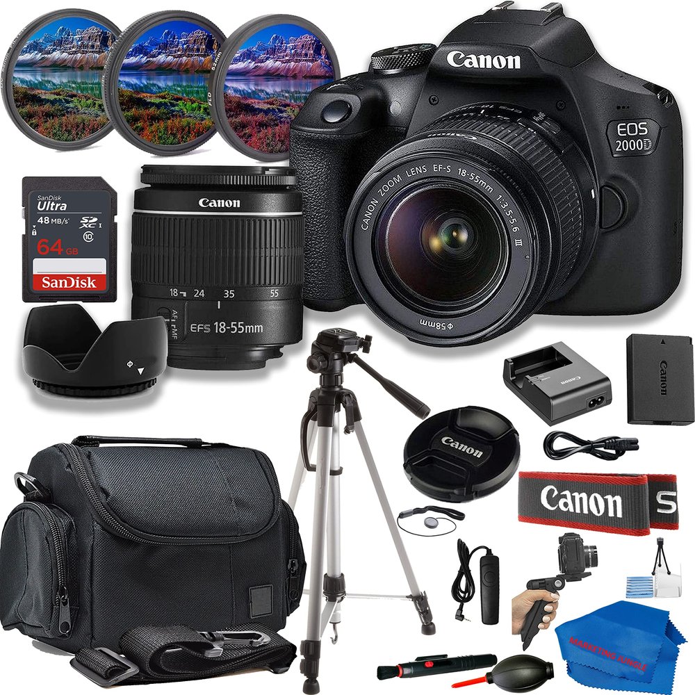 Canon Eos 2000D (Rebel T7) Bundle: Includes 18-55mm Zoom Lens, Tripod, 64GB Memory Card, Carry Case, and 3-Piece Filter Kit for Stunning Photos and Videos (Renewed)