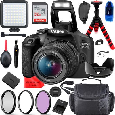 Canon EOS 2000D (Rebel T7) DSLR Camera with 18-55mm f/3.5-5.6 Zoom Lens Bundle + Accessories (LED Video Light Kit, 32Gb High Speed Memory Card, UV CPL FLD Filter, Spider Tripod, Gadget Bag and More) (Renewed)