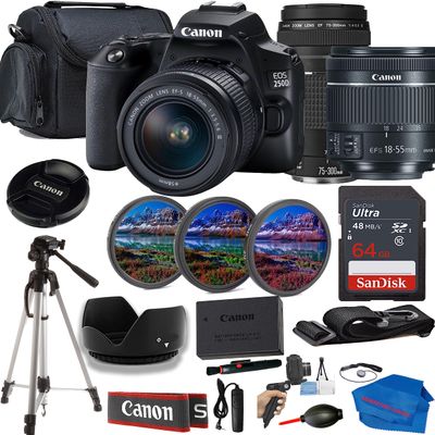 Canon EOS 250D/Rebel SL3 Bundle:Includes 18-55 & 75-300mmLens,Tripod,64GB Memory Card,Carry Case, and 3-Piece Filter Kit for Stunning Photos and Videos (Renewed)