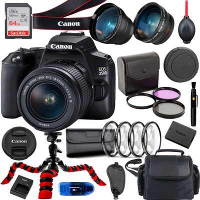 Canon EOS 250D (Rebel SL3) DSLR Camera w/EF-S 18-55mm F/4-5.6 is STM Lens Bundle + Accessories (64Gb Memory Card, Wide Angle and Telephoto Lens, Spider Tripod, Gadget Bag and More) (Renewed)