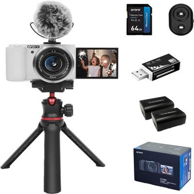 ORDRO 5K Digital Camera for Photography, 12X Optical Zoom Vlogging Camera for YouTube with 3.2" IPS Touch Flip Screen, WDR, Night Vision; Bunble Kit 64GB Card + Mic+ Flex Tripod