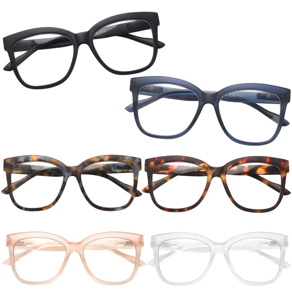 fadbon 6 Pack Fashion Reading Glasses for Women - Blue Light Blocking Square Readers Anti Eyestrain Eyeglasses Spring Hinge(6 Pack Mix,2.25,x)