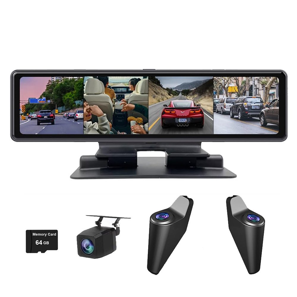 4 Channels Center Console Dash Cam 360 Panoramic Monitoring Front Left Right and Rear 4K+1080P*3 with WiFi APP ADAS BSD 12 inch Dashboard Rearview Mirror IPS Screen Waterproof Shark Side Lens