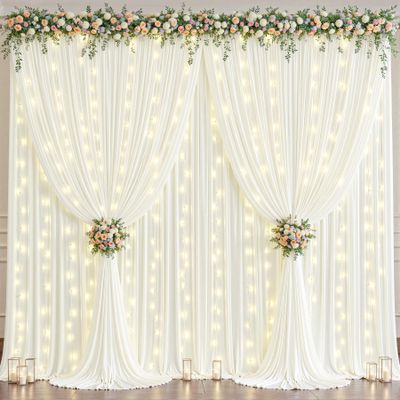 10x10ft Cream White Backdrop Curtains with Lights String for Parties Wedding Wrinkle Free Curtains Soft Fabric Photo Drapes for Birthday Baby Shower Party Background Decorations 5x10ft, 2 Panels