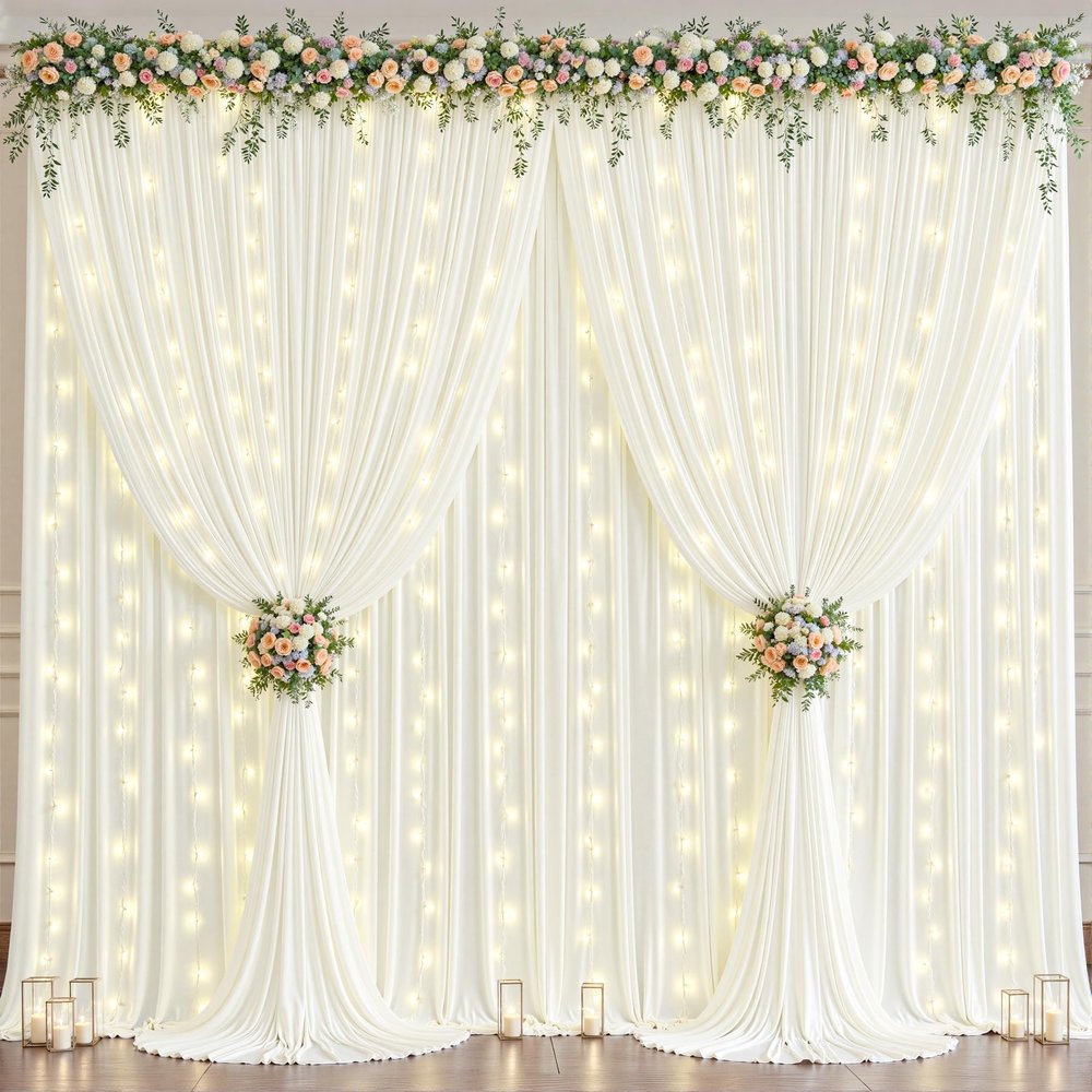 10x10ft Cream White Backdrop Curtains with Lights String for Parties Wedding Wrinkle Free Curtains Soft Fabric Photo Drapes for Birthday Baby Shower Party Background Decorations 5x10ft, 2 Panels