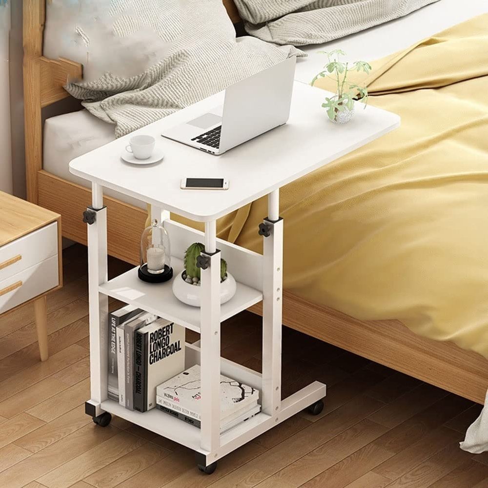 JDXQBLD Overbed Table Portable Standing Desk On Wheels Tray Table Overbed with Storage Adjustable Sofa Side Bed Laptop Cart Stand Height Mobile,White