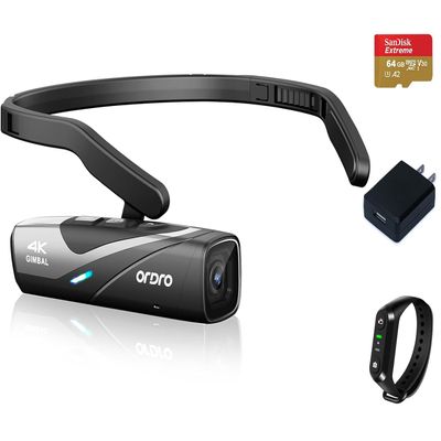 ORDRO EP8 4K Head-Mounted Video Camera, Ultra HD 4K 60FPS Camcorder Vlog Hands Free Wearable Camera, 2-Axis Gimbal Video Stabilizer,Remote Control,64G Micro Memory Card (Black)