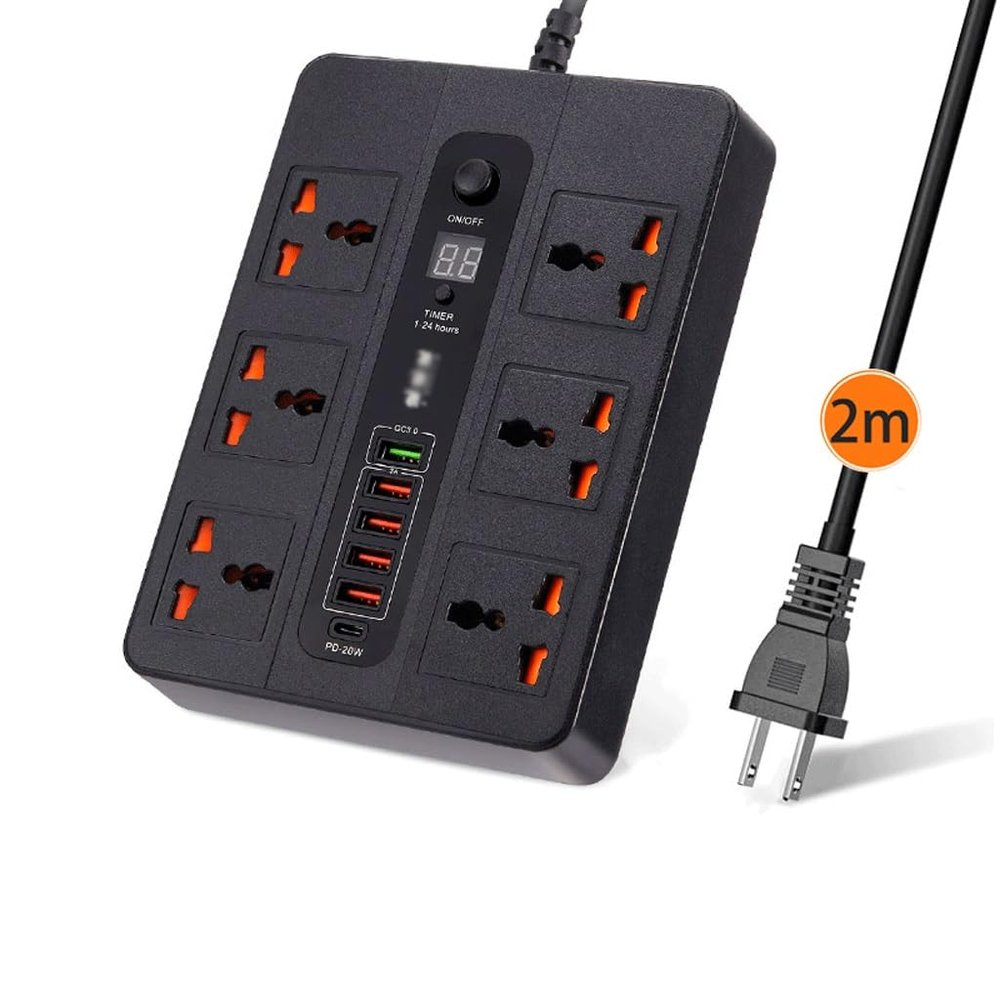 3000W Power Strip with 20W PD Charger Universal AC Jack Outlets with Timing Desktop Socket(E)