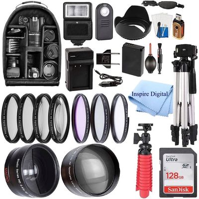 58mm Accessory Bundle for Canon EOS Rebel T7, T6, T5, T3, T100, 4000D, 2000D, 3000D and More with 128GB SanDisk Memory Card, Wide Angle Lens, Telephoto Lens, Tripod, Backpack W/Inspire Digital Cloth