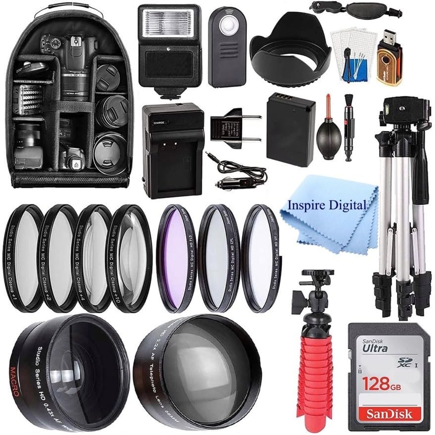 58mm Accessory Bundle for Canon EOS Rebel T7, T6, T5, T3, T100, 4000D, 2000D, 3000D and More with 128GB SanDisk Memory Card, Wide Angle Lens, Telephoto Lens, Tripod, Backpack W/Inspire Digital Cloth