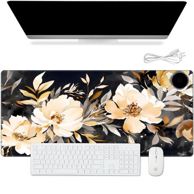 Warm Desk Pad, Warm Mouse Pad Gaming, Office Desk Mat,with 3 Levels Heated & 3 Hours Auto Shut - 23.6 x 14.2 inch PU Leather Laptop Keyboard Mat for Home Office Hand Warmer,Watercolor Floral