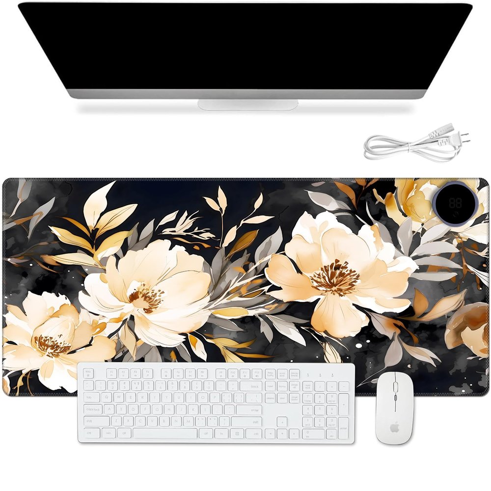 Warm Desk Pad, Warm Mouse Pad Gaming, Office Desk Mat,with 3 Levels Heated & 3 Hours Auto Shut - 23.6 x 14.2 inch PU Leather Laptop Keyboard Mat for Home Office Hand Warmer,Watercolor Floral