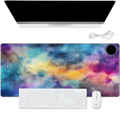 Warm Desk Pad, Warm Mouse Pad Gaming, Office Desk Mat,with 3 Levels Heated & 3 Hours Auto Shut - 23.6 x 14.2 inch PU Leather Laptop Keyboard Mat for Home Office Hand Warmer,Colorful Nebula Galaxy