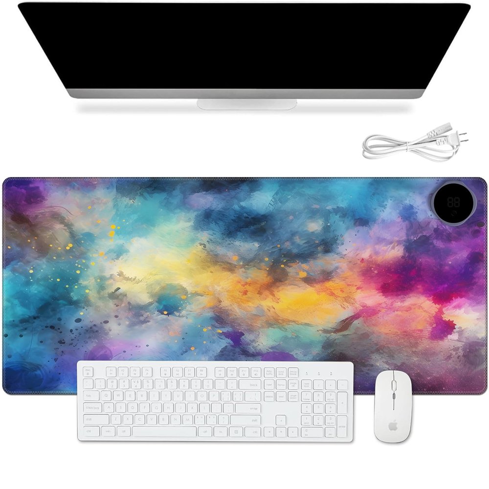 Warm Desk Pad, Warm Mouse Pad Gaming, Office Desk Mat,with 3 Levels Heated & 3 Hours Auto Shut - 23.6 x 14.2 inch PU Leather Laptop Keyboard Mat for Home Office Hand Warmer,Colorful Nebula Galaxy