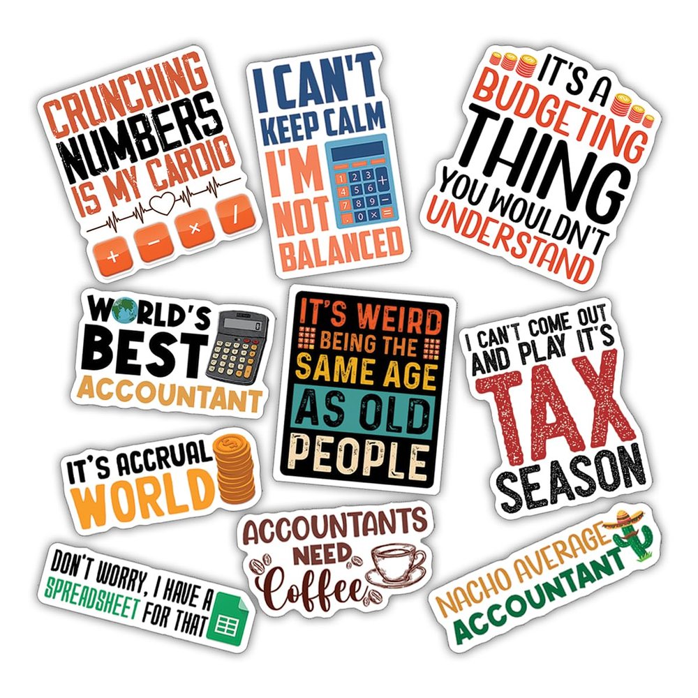10pcs Accountant Sticker Sheet, Funny Vinyl Decals for CPAS, Finance Students, and Bookkeepers, Waterproof, UV-Resistant, for Laptop, Water Bottle, Notebook, Clipboard, Office Desk (Design 4)
