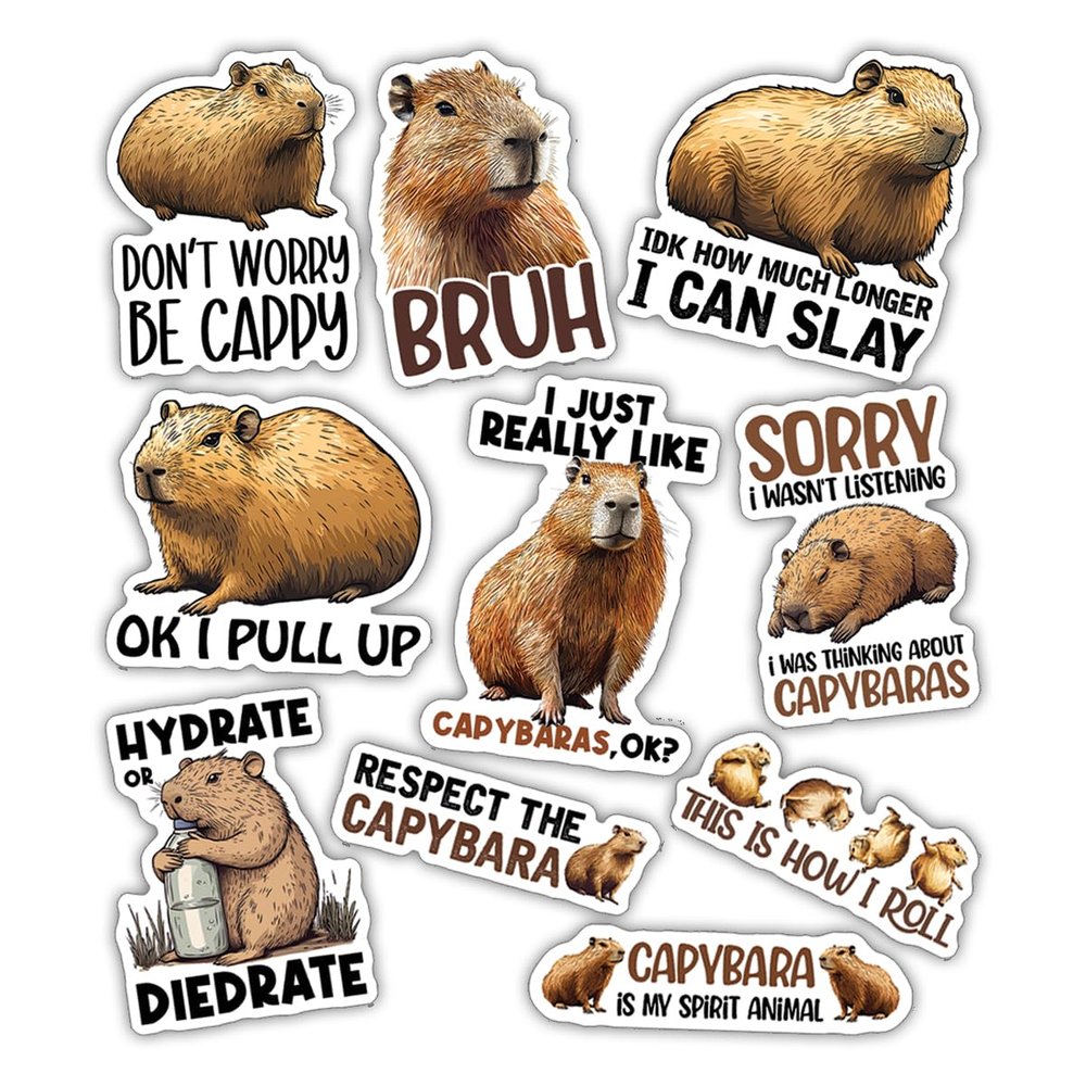 10pcs Capybara Sticker Sheet, Cute Funny Vinyl Decals for Capybara Lovers, Animal Fans, Pet Enthusiasts, Waterproof, UV-Resistant, for Laptop, Water Bottle, Journal, Notebook, Phone Case, Scrapbook