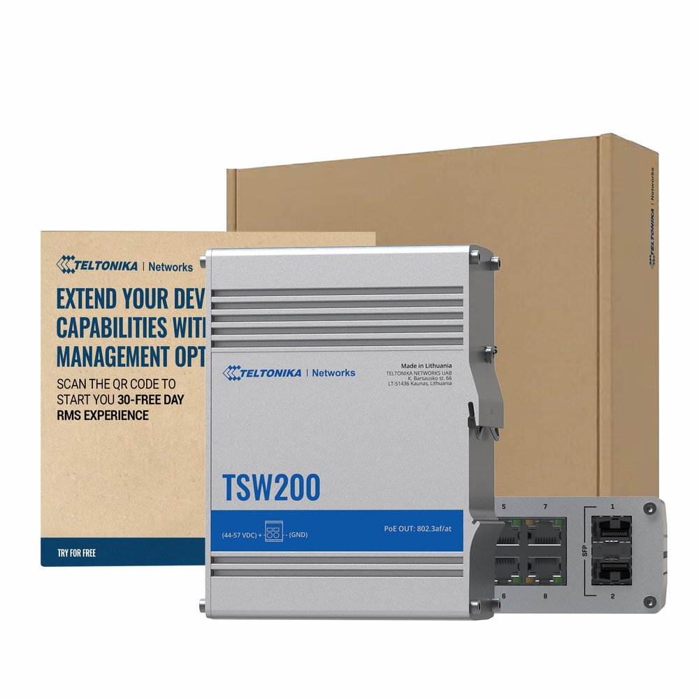 Teltonika TSW200 Industrial PoE+ Unmanaged Ethernet Switch - 8X PoE+ Ports & 240W Power Budget - 8 Port Gigabit Switch with High Speeds Up to 1000 Mbps - 2 SFP Ports for Long-Range Fiber-Optic