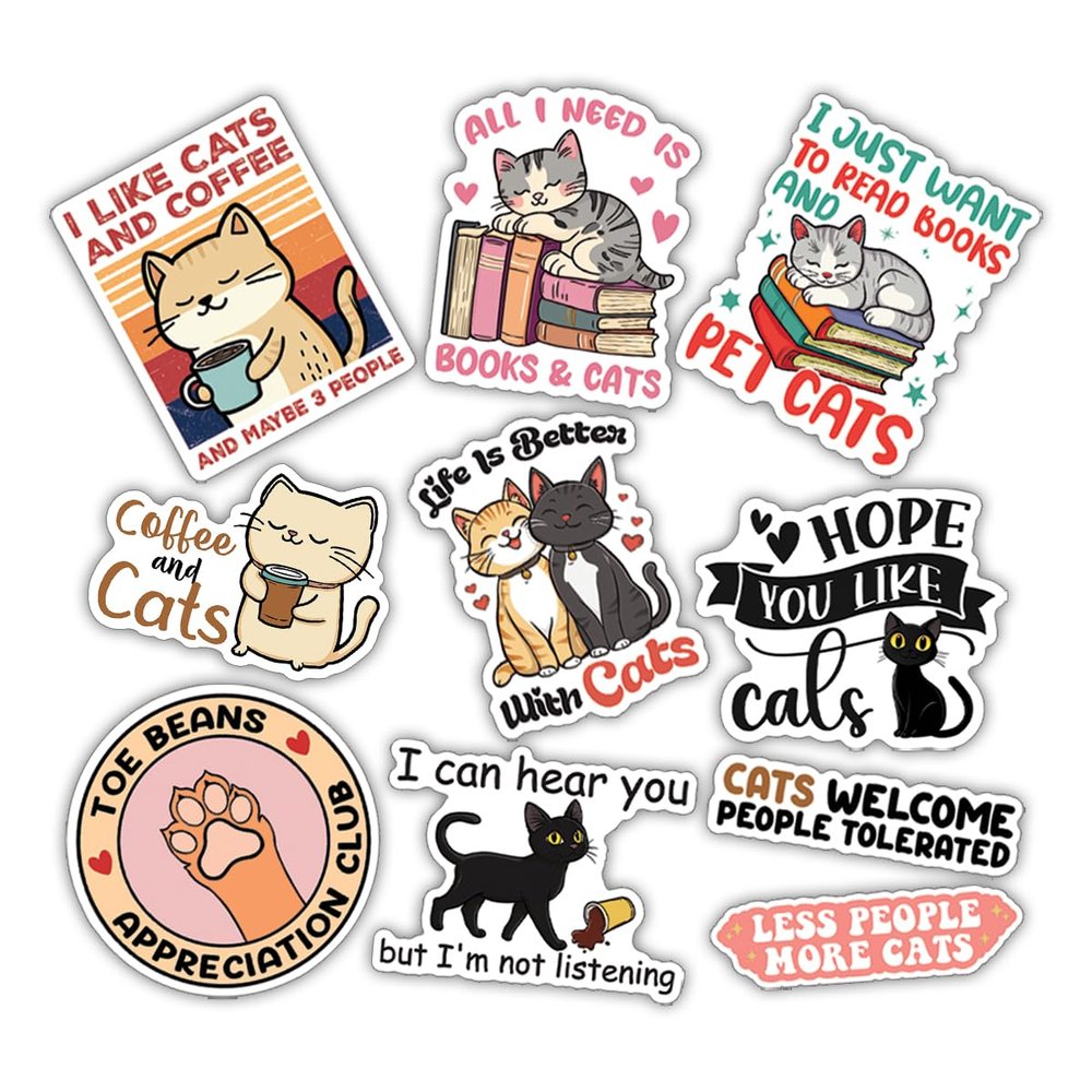 10pcs Cat Lover Sticker Sheet, Cute and Funny Vinyl Decals for Cat Owners, Animal Lover, Pet Parents, Waterproof, UV-Resistant, for Laptop, Water Bottle, Notebook, Journal, Phone Case, Scrapbook