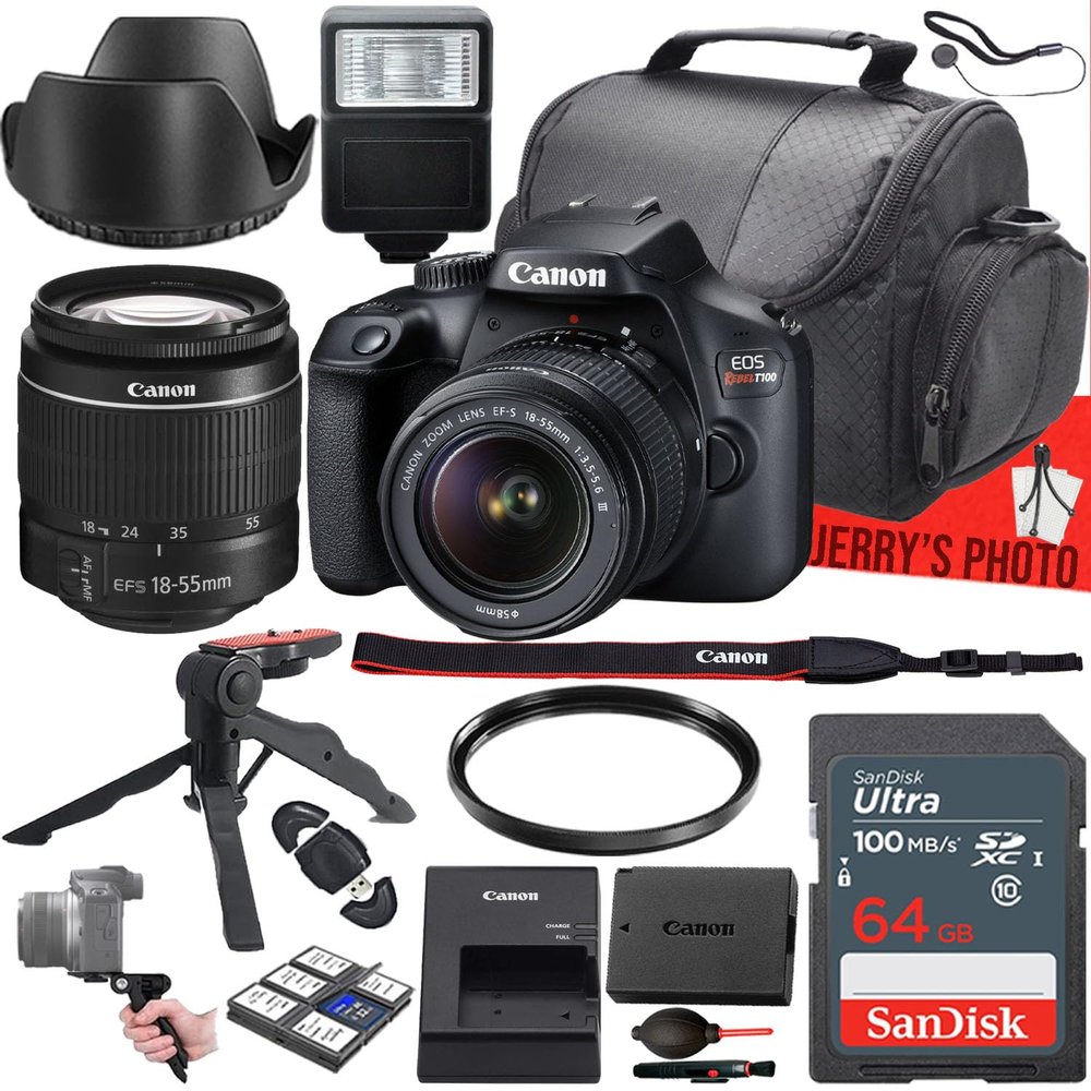 Canon EOS Rebel T100 (4000D) DSLR Camera with Canon EF-S 18-55mm f/3.5-5.6 III Lens + 64 GB Memory + Slave Flash + Camera Case + UV Filter + Gripster Tripod + More (16pc Bundle) (Renewed)