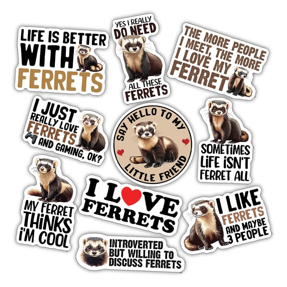 10pcs Ferret Sticker Sheet, Cute and Funny Pet Vinyl Decals for Ferret Owners, Animal Lovers, Waterproof, UV-Resistant, for Laptop, Water Bottle, Journal, Notebook, Phone Case, Cage, Scrapbook