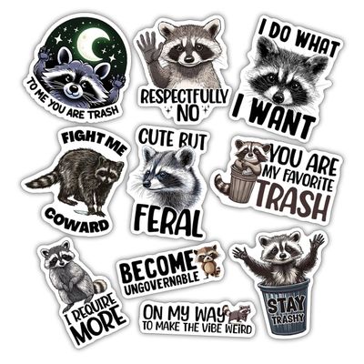 10pcs Raccoon Sticker Sheet, Cute Wildlife Vinyl Decals for Animal Lovers, Trash Panda, Waterproof, UV-Resistant, for Laptop, Water Bottle, Notebook, Journal, Scrapbook, Phone Case