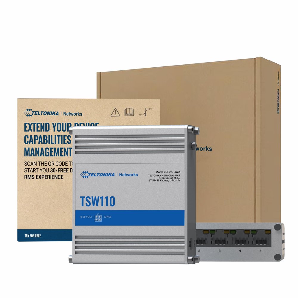 Teltonika Switch TSW110 L2 Unmanaged Ethernet Switch - 5 Port Gigabit Switch with High Speeds Up to 1000 Mbps - Network Switch Work with 10/100/1000 Mbps - 10 Gbps Bandwidth - Durable Aluminum Housing