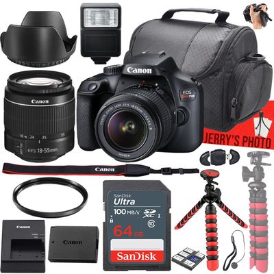 Canon EOS Rebel T100 (4000D) DSLR Camera with Canon EF-S 18-55mm f/3.5-5.6 III Lens + 64 GB Memory + Slave Flash + Camera Case + UV Filter + Spider Tripod + More (17pc Bundle) (Renewed)