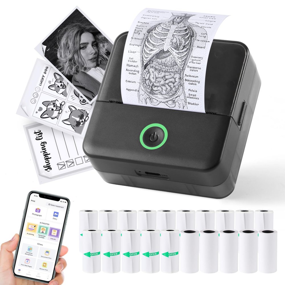 Print Pods Mini Printer, Thermal Inkless Sticker Maker with 20 Rolls Printing Paper, Pocket Printpod for phone, Impresora Porttil for Notes, Flashcards, Journal, DIY, Compatible with iOS & Android