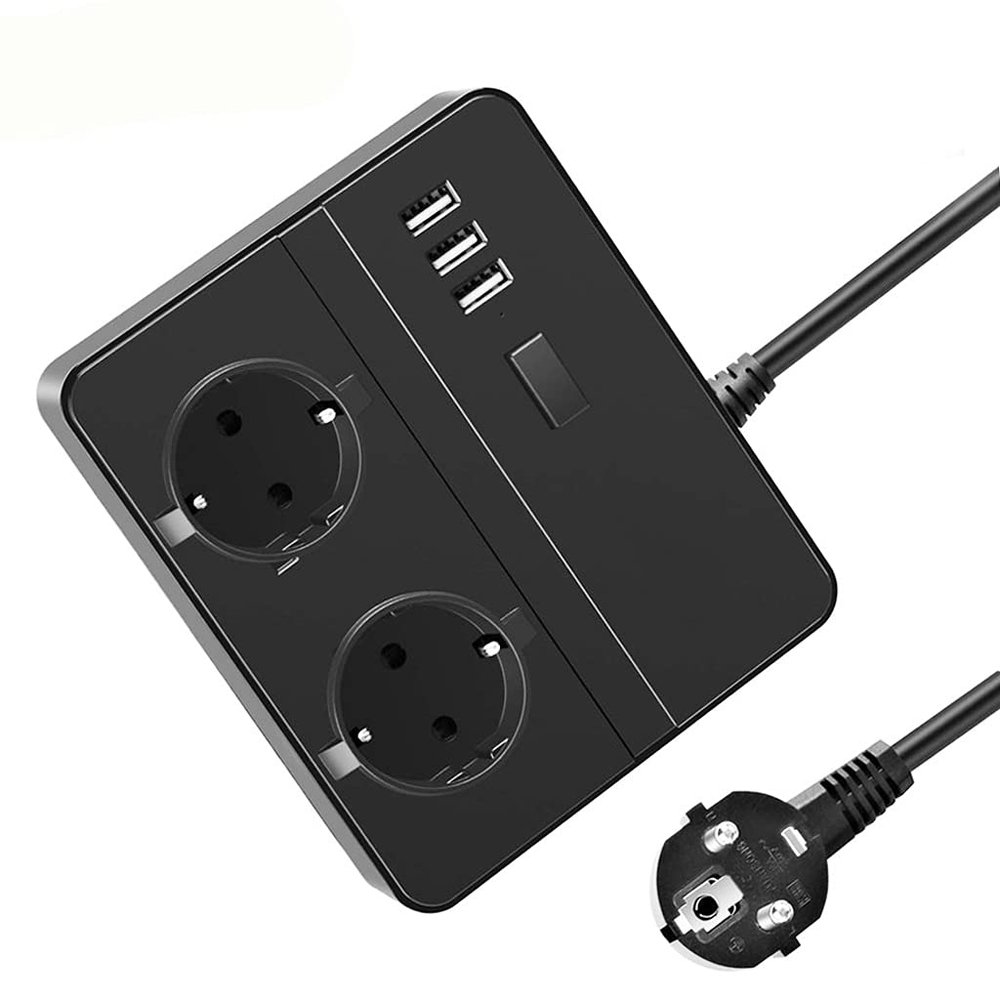 HIONJIN Multiple Power Strip Surge Protection 2 EU Outlets Plugs Sockets with 3 Portss 1.8m Extension Cable for Travel Desktop