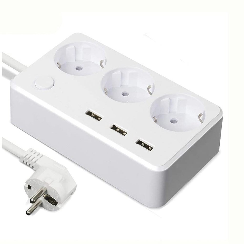 HIONJIN Power Strip Surge Protector Desktop 3 Way EU Plugs Outlets Multiple Socket with Charging Adapter Switch 1.5m Extension Cord