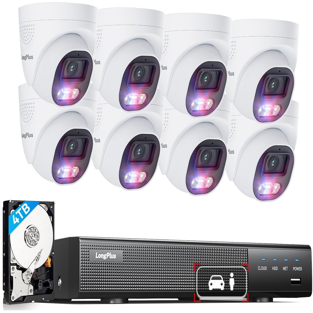 LongPlus 4K PoE Security Camera System, 12MP H.265+ 16CH NVR with 4TB HDD for 24-7 Recording, 8pcs Wired Home Security Camera System, Person Vehicle Detection, CCTV for Businesses Home, LP8MEF8D1