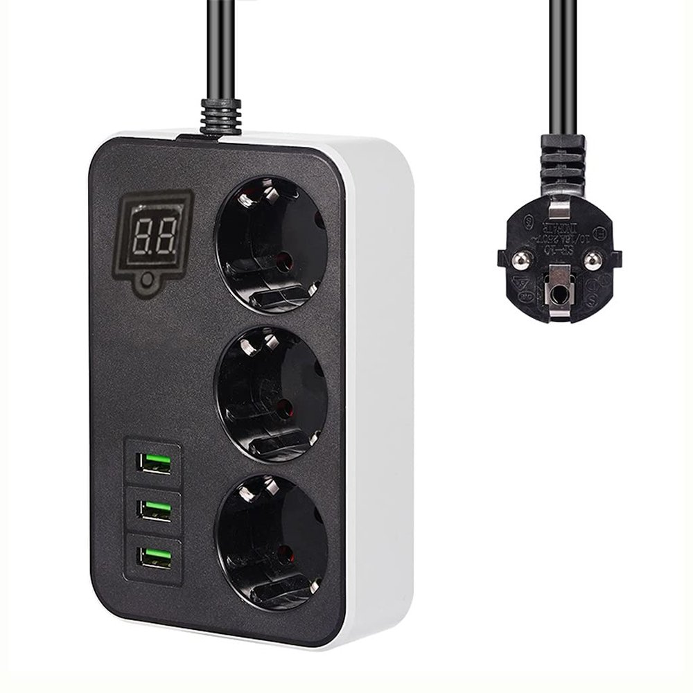 HIONJIN Smart Timing Socket Power Strip 3EU Plugs Outlets Electric Socket with 3Portss Charger Adapter 5V 3.4A 1.8m Extension Cord