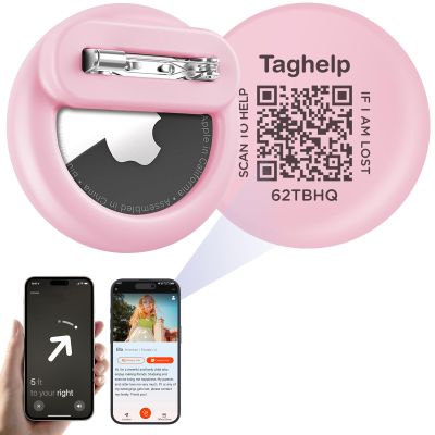 Apple AirTag Holder for Kids with Pin, Safe Hidden Lightweight GPS Tracker with QR Code Name Tag for Kids Compatible with Apple Air Tags for Child, Elderly, Pets Collar, Shoes (Pink)