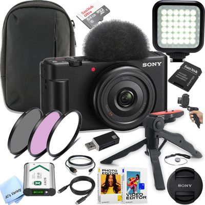 Sony ZV-1F Vlog Camera for Content Creators and Vloggers - Includes 64GB Memory Card, LED Video Light, Filters, Gripster Tripod, and More (Essential Bundle) (Renewed)