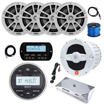 JBL PRV-175 Marine Gauge Hole Mount USB Bluetooth AM/FM Receiver, Remote, Extension Cable, Amplifier, Wire, USB Adapter, Antenna, 10" Subwoofer, 4X 6.5 225 Watt Max 2-Way Boat Speakers (White)