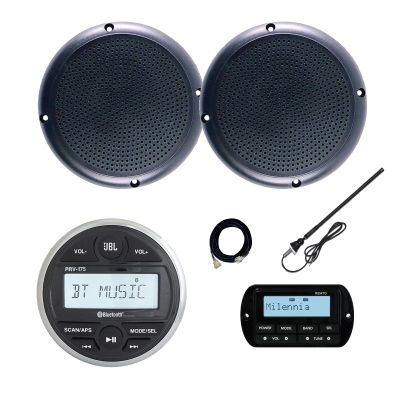 JBL PRV-175 Marine Gauge Hole Mount USB Bluetooth AM/FM Receiver, Wired Remote, Extension Cable, 2x 5.25" 20 Watt Max Power Polycone Audio Speakers, Long Range Antenna (Black, Bulk Packaging)