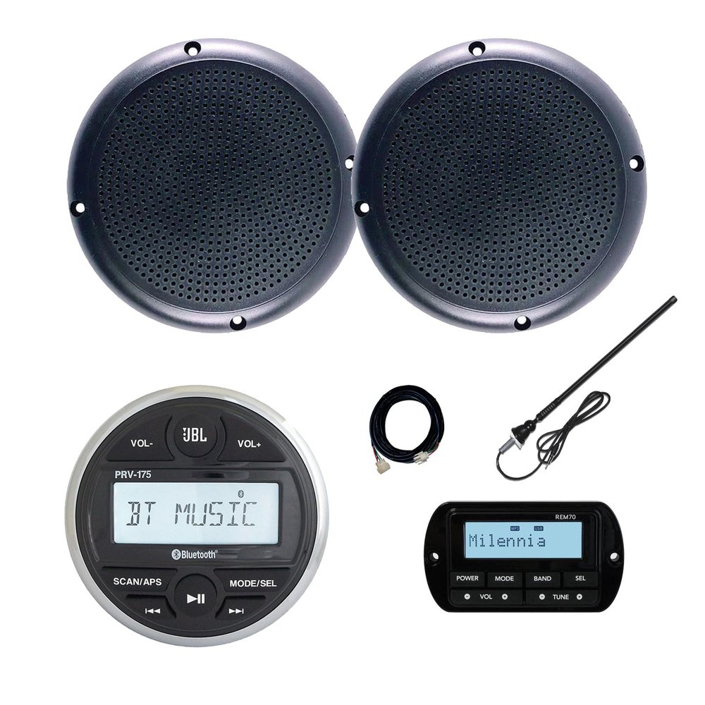 JBL PRV-175 Marine Gauge Hole Mount USB Bluetooth AM/FM Receiver, Wired Remote, Extension Cable, 2x 5.25" 20 Watt Max Power Polycone Audio Speakers, Long Range Antenna (Black, Bulk Packaging)