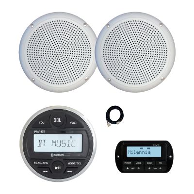 JBL PRV-175 Marine Gauge Hole Mount USB Bluetooth AM/FM Digital Stereo Receiver, Wired Remote, Extension Cable, 2x 5.25" 20 Watt Max Power Polycone Audio Speakers (White, Bulk Packaging)