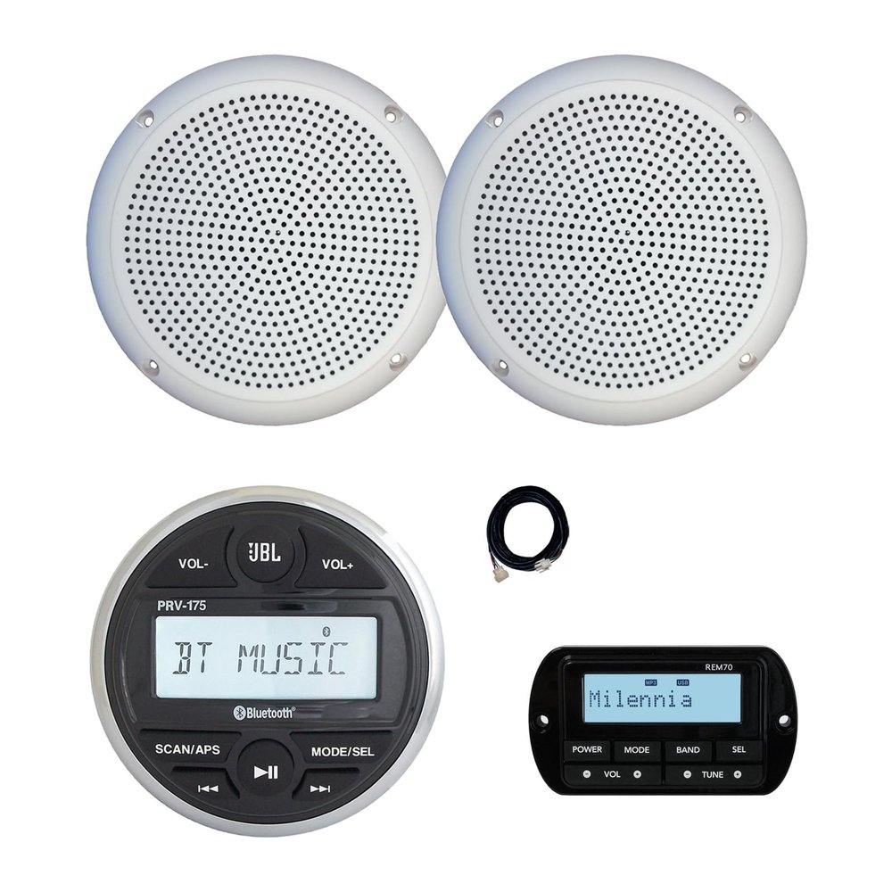 JBL PRV-175 Marine Gauge Hole Mount USB Bluetooth AM/FM Digital Stereo Receiver, Wired Remote, Extension Cable, 2x 5.25" 20 Watt Max Power Polycone Audio Speakers (White, Bulk Packaging)