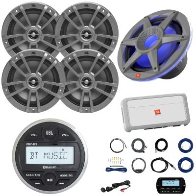 JBL PRV-175 Marine Gauge Hole Mount USB Bluetooth AM/FM Digital Stereo Receiver, Wired Remote, Cable, 4X 6.5 180W Max Gray Speakers, Wire, 10" Subwoofer, 5-CH Amplifier, Kit, Antenna, AUX/AUX Adapter
