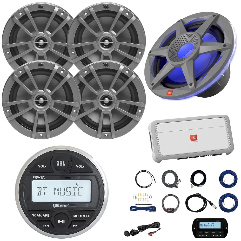 JBL PRV-175 Marine Gauge Hole Mount USB Bluetooth AM/FM Digital Stereo Receiver, Wired Remote, Cable, 4X 6.5 180W Max Gray Speakers, Wire, 10" Subwoofer, 5-CH Amplifier, Kit, Antenna, AUX/AUX Adapter